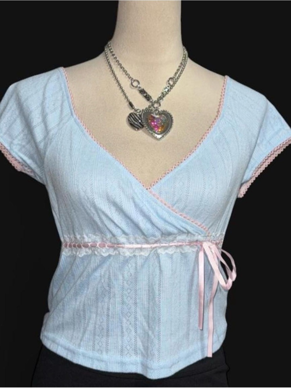 SHEIN Light Blue Wrap Crop Top with Pink Trim